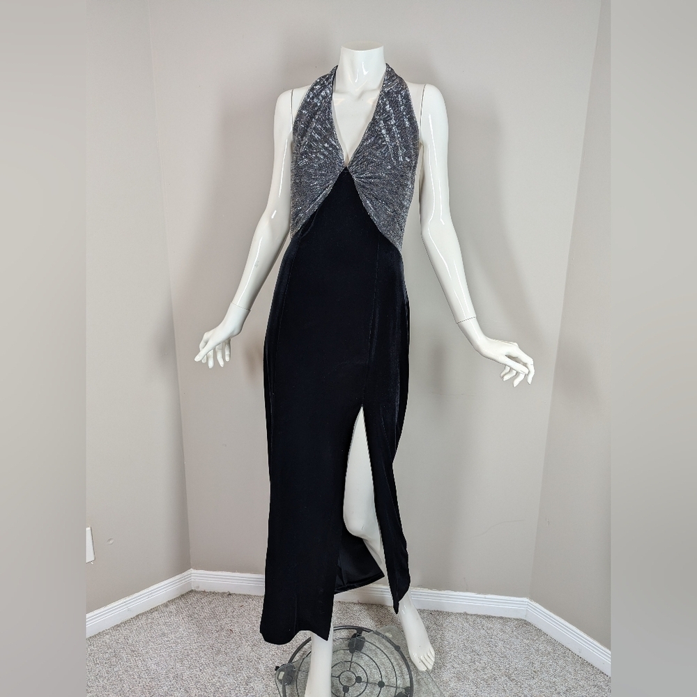 90s Velvet Halter Maxi Dress – Metallic Pleated Top – Joana USA – Y2K Party Gown